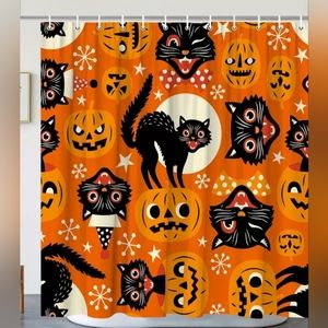 New 70" Halloween cat and pumpkin retro vintage style shower curtain 72x72